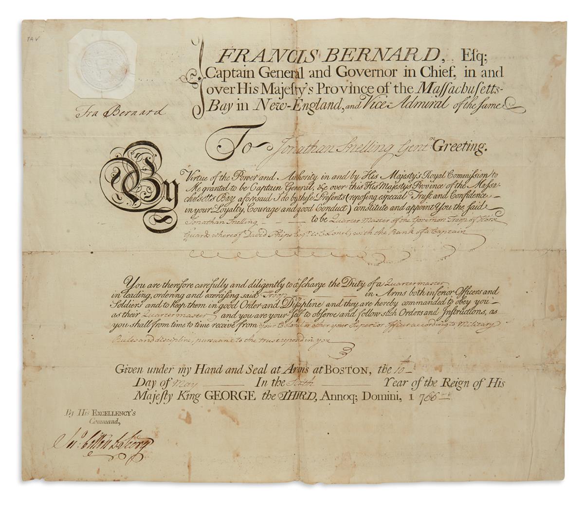 FRANCIS BERNARD. Partly-printed Document Signed, Fra Bernard, as Governor, military commission appointing Jona...